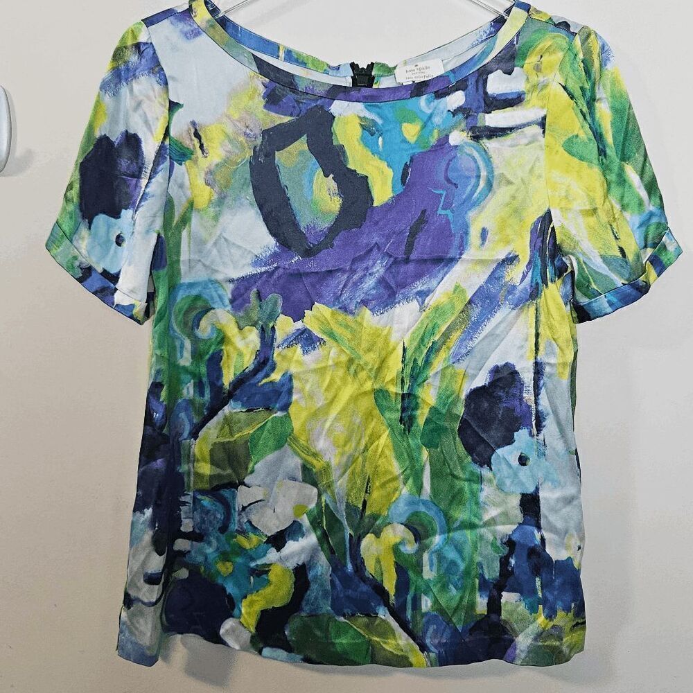 Kate Spade Short Sleeve 100% Silk Live Colorfully Blouse Women's Multicolor Size
